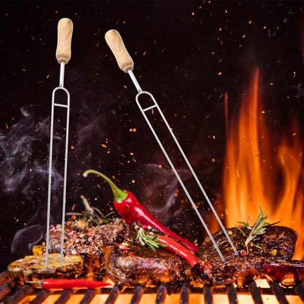 Grillspyd i rustfritt stål med trehåndtak, U-formet BBQ-stekespyd