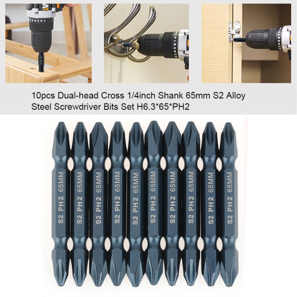 65 mm kaksoispää S2 seosteräs ruuvimeisselin set (10 kpl) - 1/4" varsi, H6.3*65, PH2
