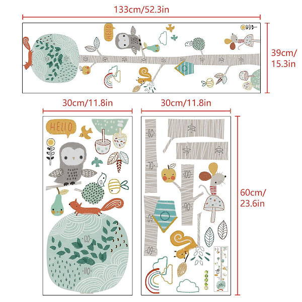 TRE MÅLESTAV veggklistremerker barnerom (39x133 cm) I dekorative klistremerker barn vekstdiagram dyr ugle skog I veggklistremerke for baby gutt jente