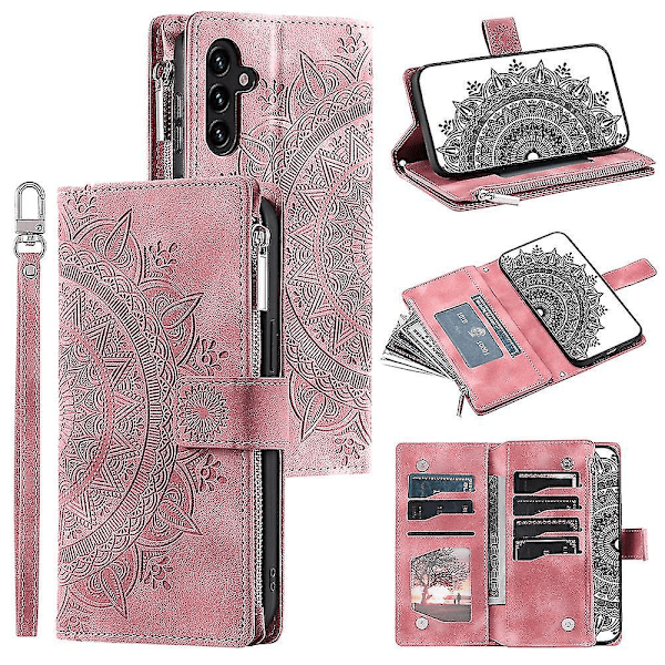 För Samsung Galaxy A54 5G PU Läder Mandala Blomma Präglat Handväska Blixtlåsficka Fodral Ställ Flera Kortplatser Flipskydd med Rem-B6 Roséguld