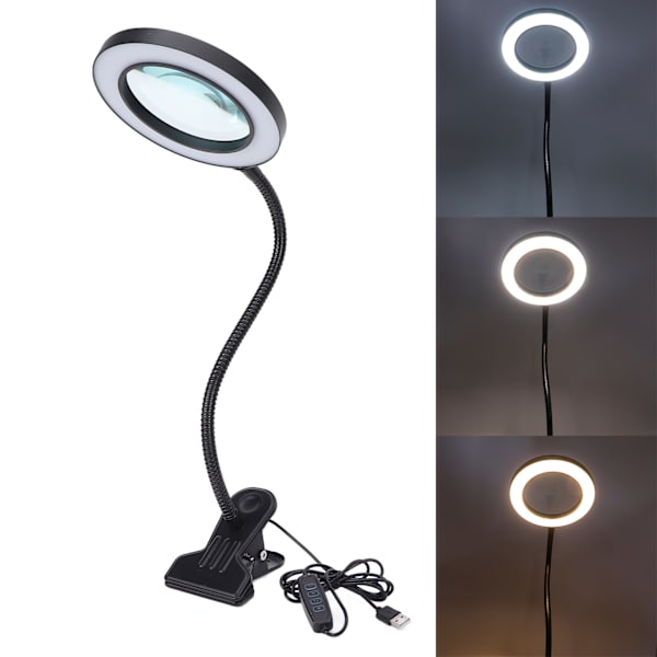 Lampa för förstoringsglas 360° rotation flexibel 3-färgs ljusförstoringsglas med metallklämma för läsreparation