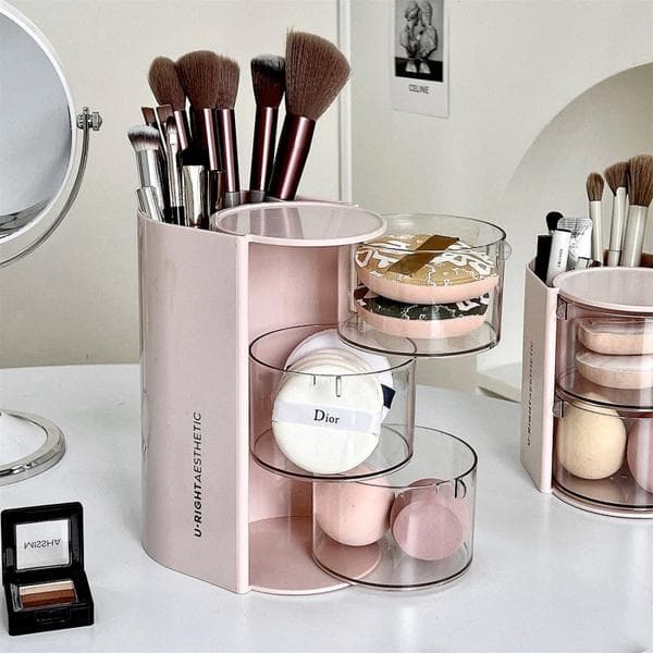 Rotating Makeup Brush Organizer with Built-in Hairbrush Holder, Three-Layer Design