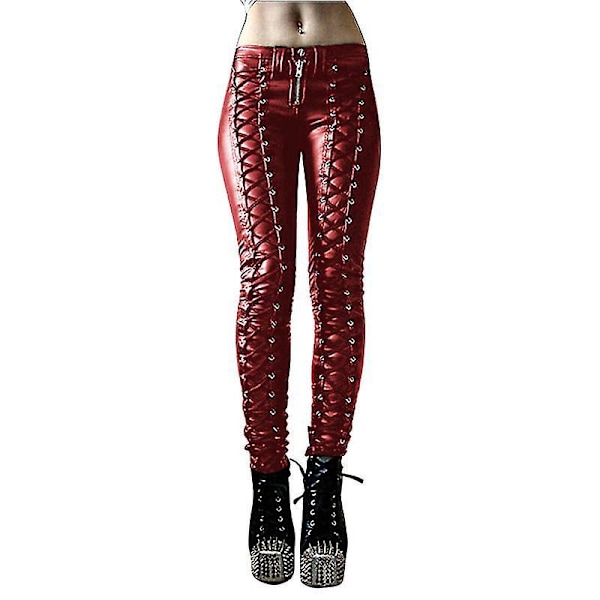 Gotiske Punk Sorte Kunstlæder Skinny Leggings til Kvinder S