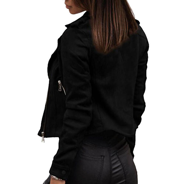 Suede Zip Up Bikerjakke - Kvinners Casual Motorsykkeljakke - Svart