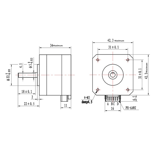 DC4,0V 1,2A 1,8° Nema 17 bipolär stegmotor 320mN.m/45oz.in för 3D-skrivare 34mm höjd