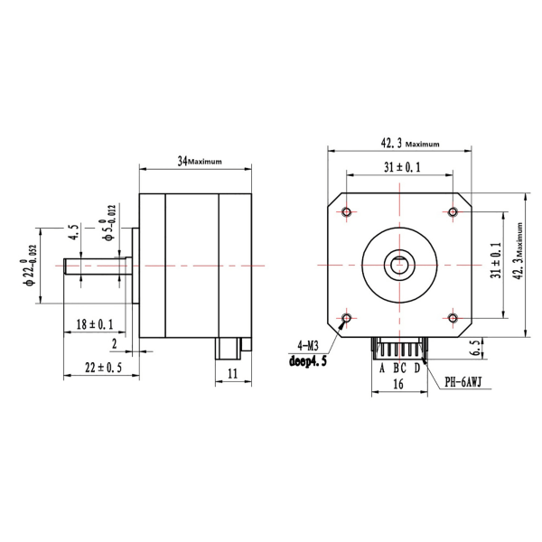 DC4.0V 1.2A 1.8° Nema 17 Bipolar Stepper Motor 320mN.m/45oz.in for 3D-skriver 34mm Høyde