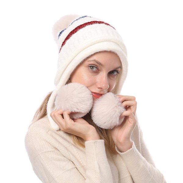 Talvinen valkoinen neulottu perulainen pom pom -pipo naisille