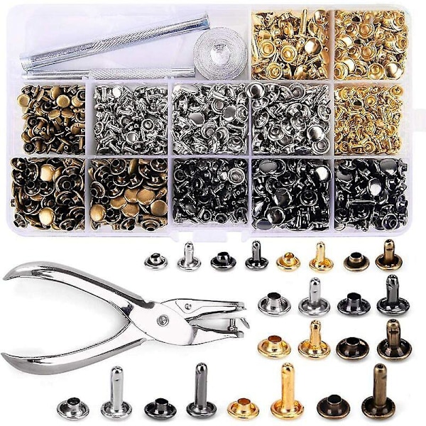Lærnagler Sett 3 Størrelser Dobbel Nagler Rørformet Metall Nagler med 3 Stykker Festingsverktøy og Stempel Tang for Lærhåndverk DIY Nagler 4 Farger (360stk)