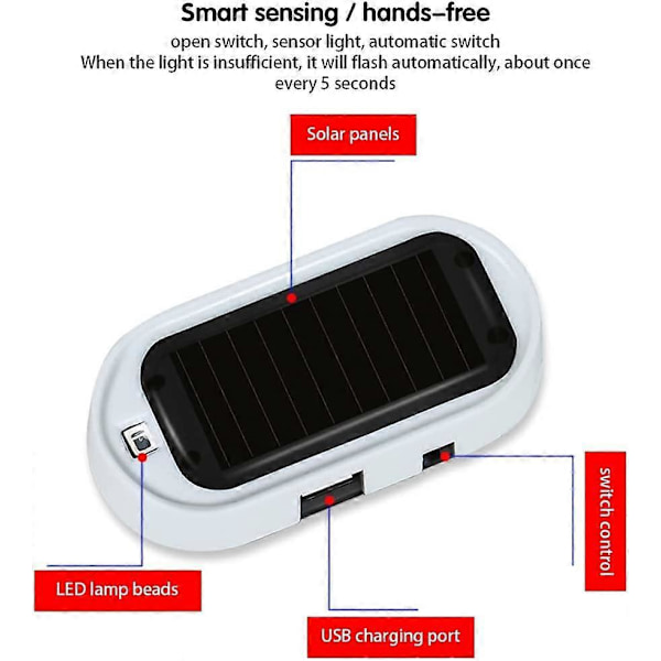 Bilalarm LED-lys, Solar Bil Tyverialarm Signal Lys Solar Advarsel Anti-tyveri System Blinkende Lampe LED Bilalarm, Rød