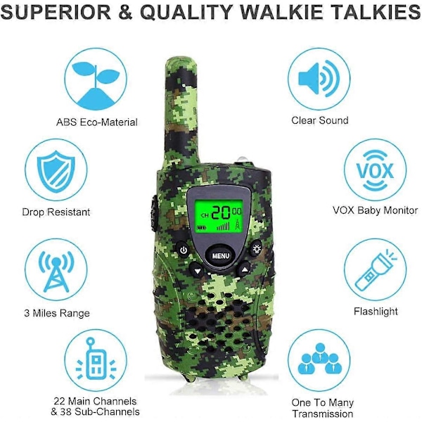 Vihreä Camo Lasten Radiopuhelin, 3-12 Vuotiaille Pojille Lelu Ladattava Radiopuhelin 8 Kanavaa LCD-näyttö ja Taskulamppu Kaksi Radiota Pitkä Kantama 4 Kilometriä Max