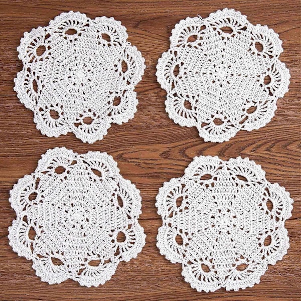 Handgjorda virkade bomullsdukar spets bordsunderlägg glasunderlägg, 20 cm 4-pack (Vit)