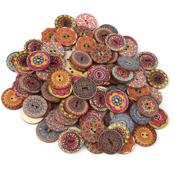 100 st blandade mönster vintage träknappar med 2 hål för DIY sömnadshantverk Dekorativ 25mm