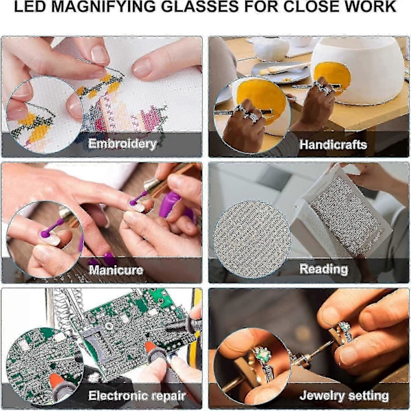 180% Forstørrelsesbriller med Oppladbart LED-lys - Kraftige Forstørrelsesbriller - Håndfrie Briller for Nærarbeid, Håndverk, Juvelerer, Lesing, Hobby