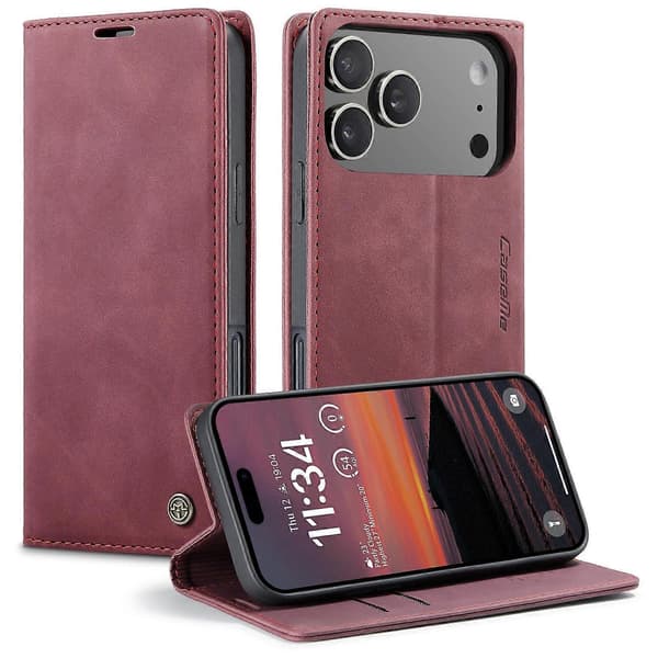 CASEME 013 Series PU Læder Pung Etui med Stativ til iPhone 17 Pro Max (Rød, Rød)