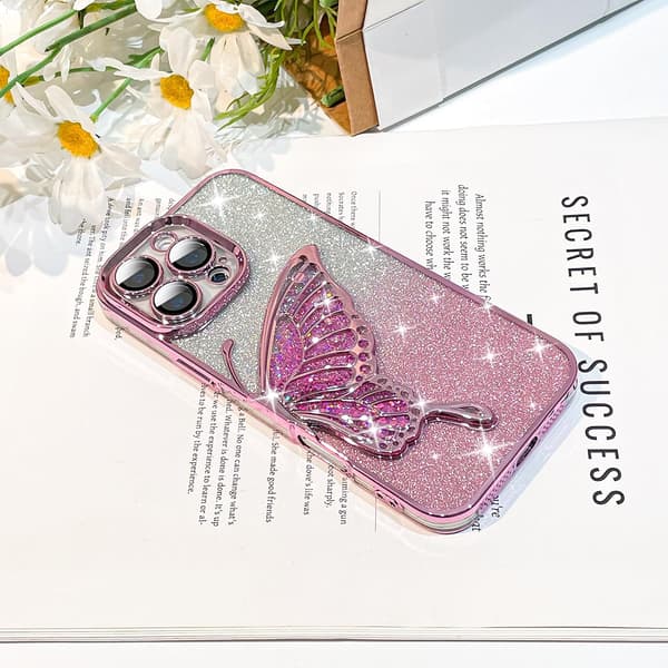 for iPhone 16 Pro Max, Søt Jentete Luksuriøs Bling Flytende Sand 3D Sommerfugldesign for Kvinner Jenter (for iPhone 16 ProMax) - Rosa