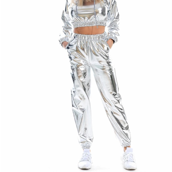 Fashionabla Holografiska Streetwear Clubbyxor för Kvinnor XL Silver