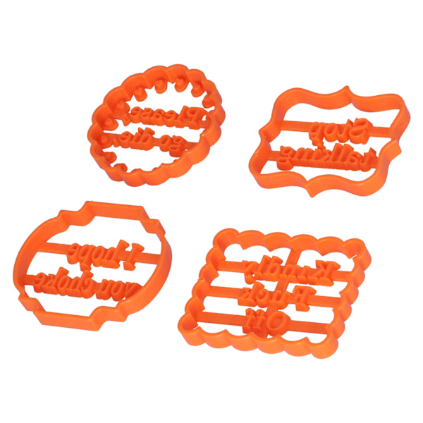 4 stk. kjeksformer i plast med setninger for DIY-baking, til hjem, bursdager og høytider