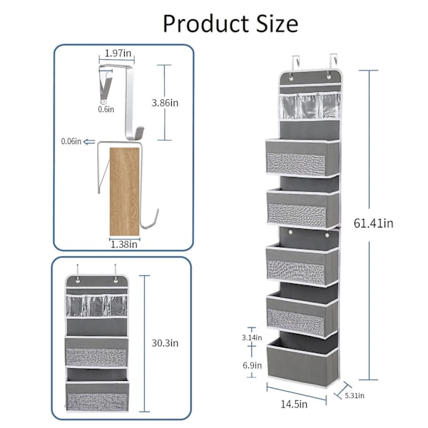 Dørhængende Organizer med 5 Store Lommer med Vindue og 2 PVC Lommer, Multifunktionel, til Dør, Badeværelse, Soveværelse, Stue (Grå)