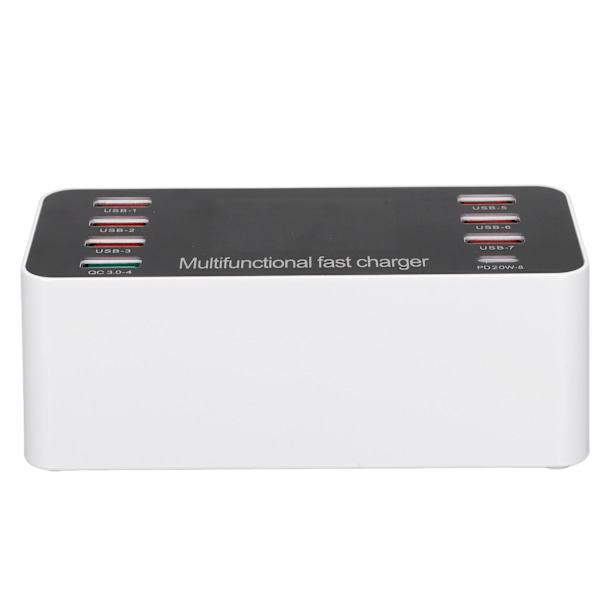 60W monipuolinen USB-laturi 8-porttinen työpöydän latausasema, jossa pikalataus 3.0 USB-portti, tyypin C-portti ja LCD-näyttö 100-240VUK-pistoke