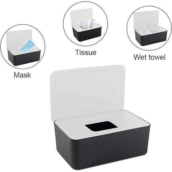 Vådservietdispenser Plastopbevaringsboks med låg til soveværelse 18,5x12x7cm - Hvid+Sort