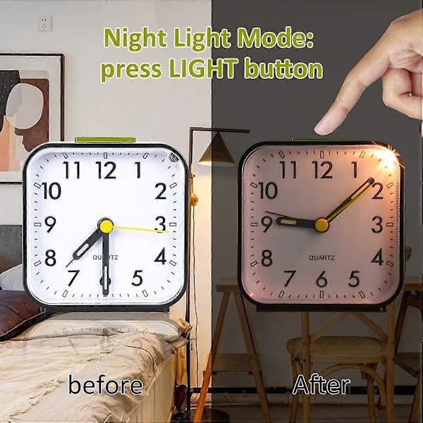 Lämplig Tyst Analog Väckarklocka Reseväckarklocka Liten Morgonväckarklocka med Snooze-funktion Batteri