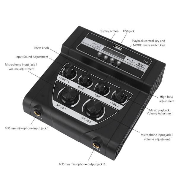 F8 Mixer Utomhus Karaoke Mikrofon Med Bluetooth Inspelning Svart Hemma Mixer 100‑240V EU-kontakt