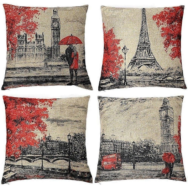 Sopivat koristetyynynpäälliset 2025, 45 x 45 cm, musta ja punainen väri, Eiffel-torni ja Big Ben -tyynyliina, koristeellinen
