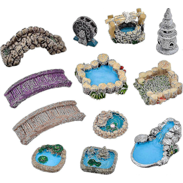 Mikro Landskap Ornament Håndverk, Miniatyr Hagedekorasjon Resin Håndverk Figurer Bro Basseng Vannbrønn Vindmølle Dam Eventyrhage Tilbehør Zekai