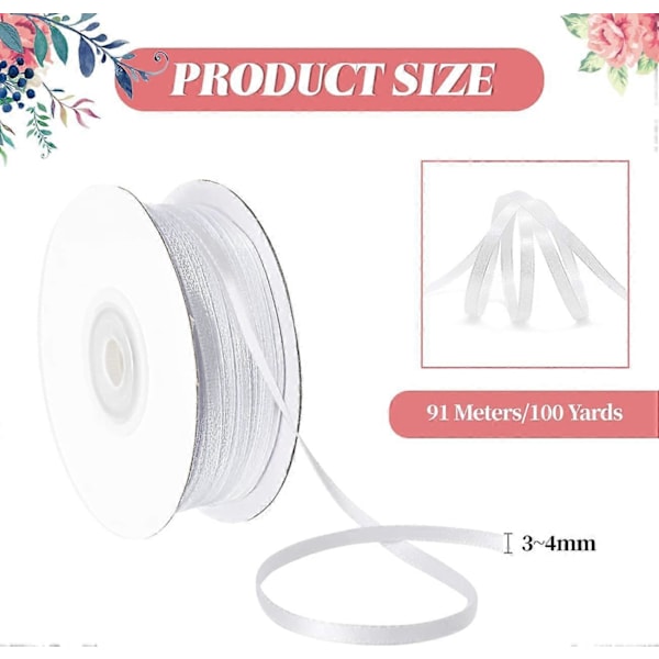 Vit Satinband, Presentrosettdekoration för Presentinslagning, Sidentyg Födelsedag Bröllop Juldekoration, 3mm x 91m