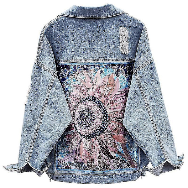 Boho-stil vinterdenimjakke for kvinner med blomsterbroderi