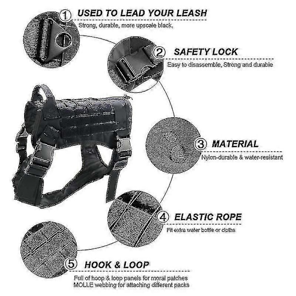 Tactical Dog Harness Nylonkahva Säädettävä Koulutusvaljaat Lemmikin Työliivi Zekai Musta L