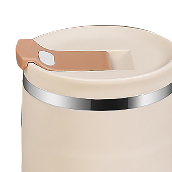 500 ml isolert kaffekopp med lokk, sammenleggbar skje, rustfritt stål, termokopp for te, varm kakao, kald drikke, beige