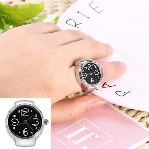 1 Stk Fashionable Kvinder Mænd Kvarts Analog Rund Finger Ring Love Watch (sort)