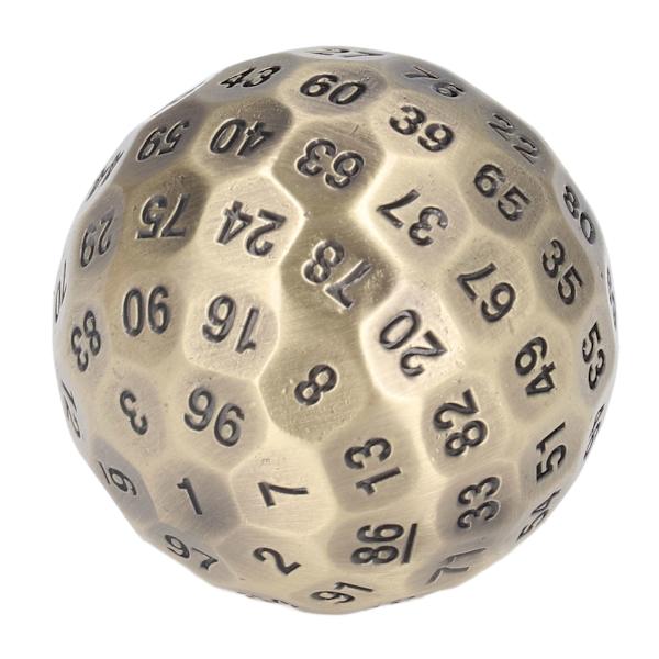 100-sidig polyhedral tärning i metall, 5 cm i diameter, lättläst, med sammetspåse, för personer över 14 år, mässingsfärg