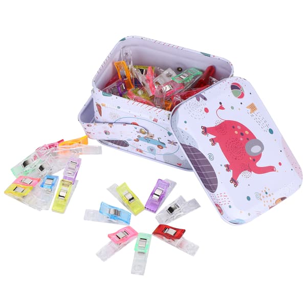 70 stk. syclips i assorterede farver til oplægning, patchwork, med hul og økseform, sikkerhedsstrikning