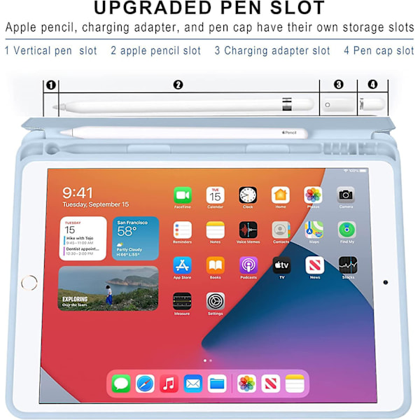 iPad 10,2\" Etui - Hjørnebeskyttelse, Multivinkelskjerm, Pennholder, Stativ, Automatisk Vekk/Søvn (Is)