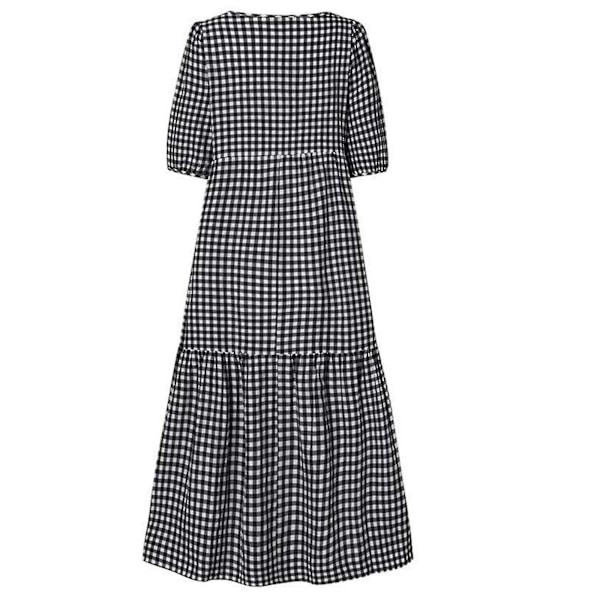 Svart rutete puffy midi-kjole med korte ermer for kvinner, 4XL