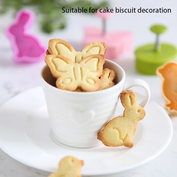4 st/set Plastskärare Söta Fjäril Kanin Kyckling Påskägg Form Fondant Skärare Biscuit Kakform
