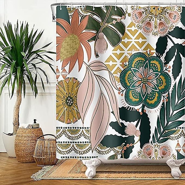 Bohemia Bruseforhæng, Boho Stil Bruseforhæng Blomster Rose Grønt Blad Badeforhæng Skimmelsikker Vandtæt Vaskbart Polyesterstof Badeværelsesforhæng
