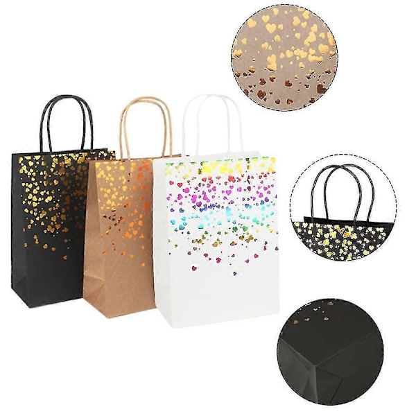 12 stk. Papirposer, Gaveposer, Gavepose, Kraftpapirpose, Kraft Bronzing Gavepose, Kraftpose med gyldent hjertemønster, Til fødselsdag, Bryllup