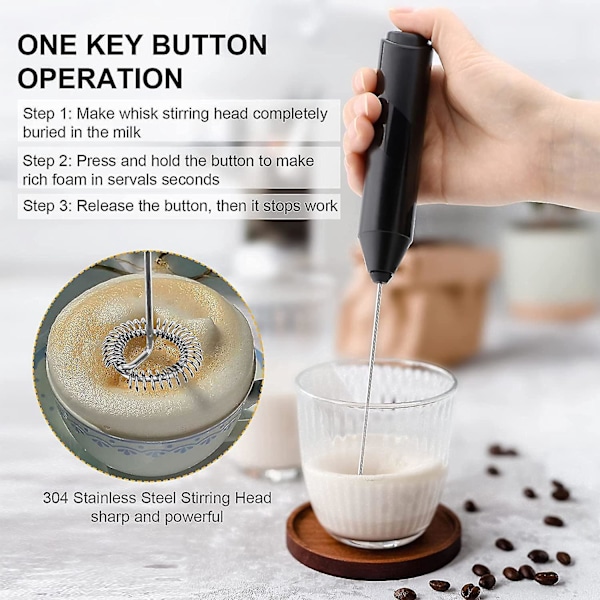 Elektrisk melkeskummer håndholdt med stativ i rustfritt stål, cappuccino-skummer batteridrevet skummaskin, visp drikkemikser mini blender for kaffe