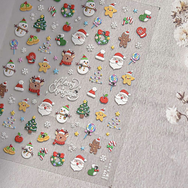 3D Jul Nagelstickers Snödesign Falska Naglar Dekorationer med Diamanter och Julrelief Storlek 10.3x8cm MS652