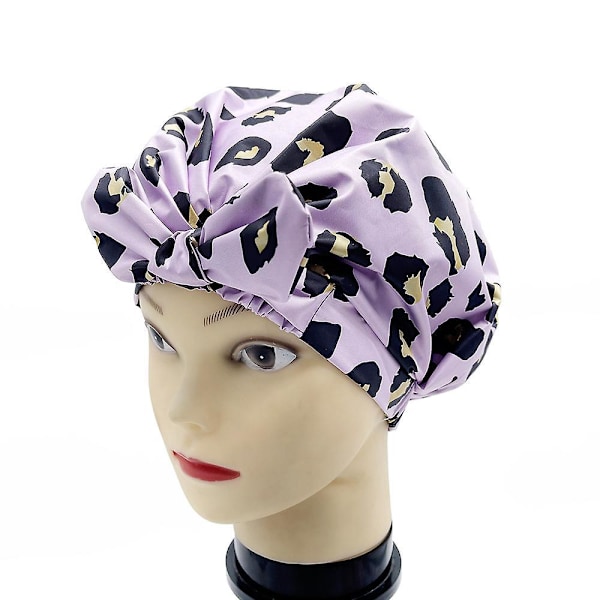 Vanntett gjenbrukbar dusjhette med sløyfe - Justerbar badehette for kvinner og jenter (rosa leopard)