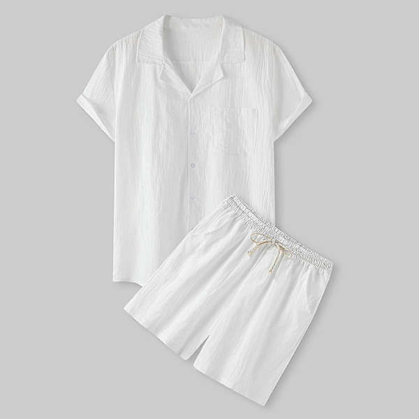 Sommar bomull linne herr kortärmad skjorta och shorts set - strandkläder XL vit