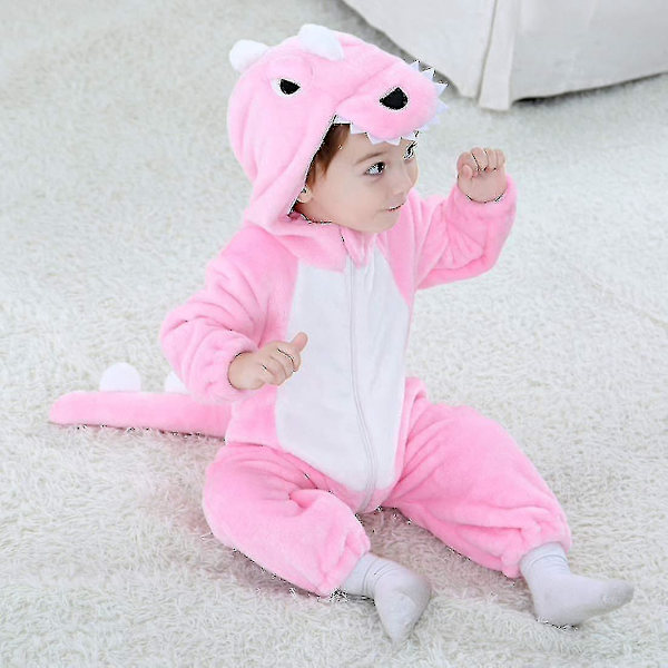 Söt Dinosaur-Onesies med Huva för Småbarn | Djurdräkt för Barn | Halloween 0-3 Månader | Rosa