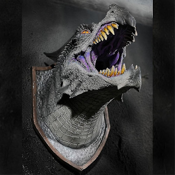 Realistisk Jurassic Dinosaur Head Veggdekorasjon med LED-lys Luminous og Spray Orange