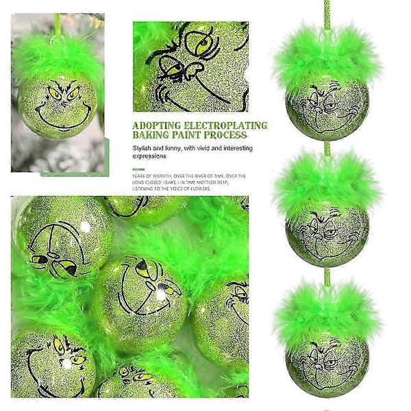 12-pakning Grinch Julekuler Juletre Hengende Kuler Ornamenter - Grønn Alv Med Fuzzy Hårdekorasjoner -JRCN