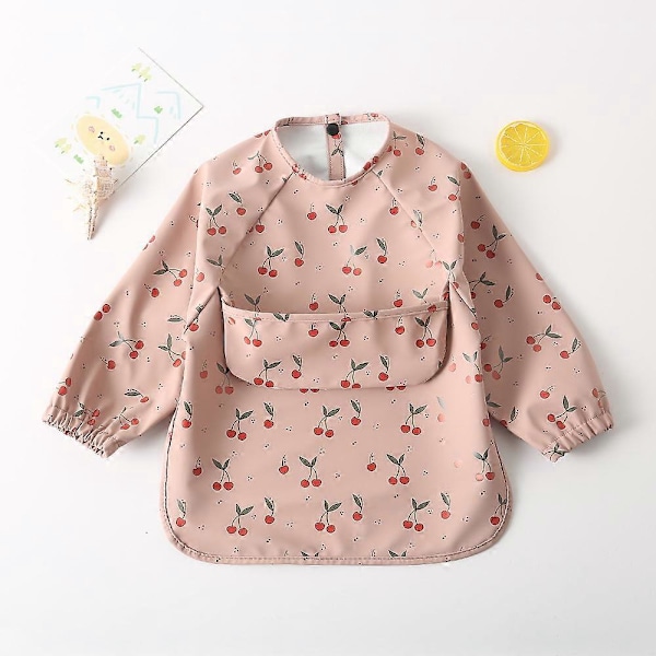 Baby Bib med Ærmer, Langærmet Hagesmæk Vandtæt Baby Hagesmæk med Lommer til Madning og Leg med Babyer 6-12 Måneder (Kirsebærmønster)