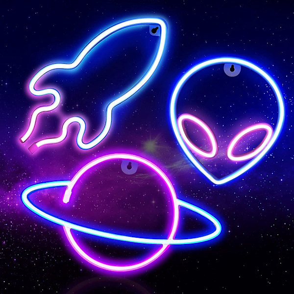 3 stk. Neon logo til vægdekoration, LED Neon til soveværelse, USB eller batteridrevet belysning rum elementer Alien Planet Raket Børn, teenagere dreng
