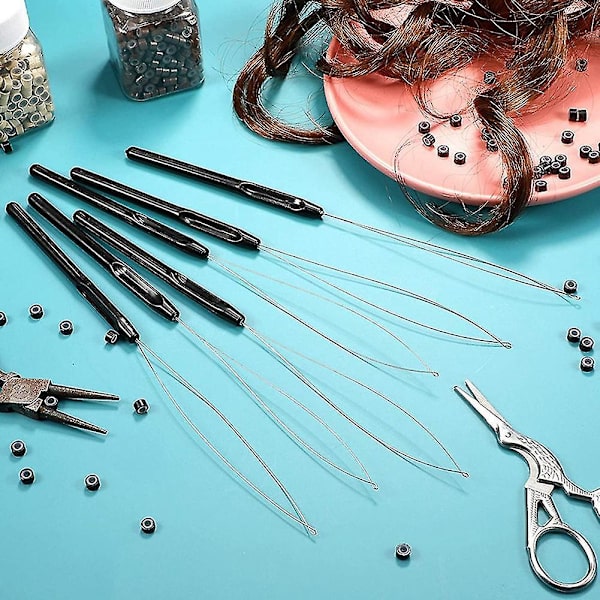 Hår Extensions Loop Threader Hook Tool Set (10 st, Svart)